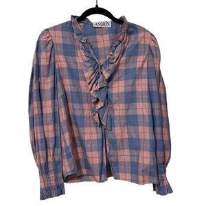 Andion 100% Cotton Pink Blue Plaid Flannel Blouse Size Large